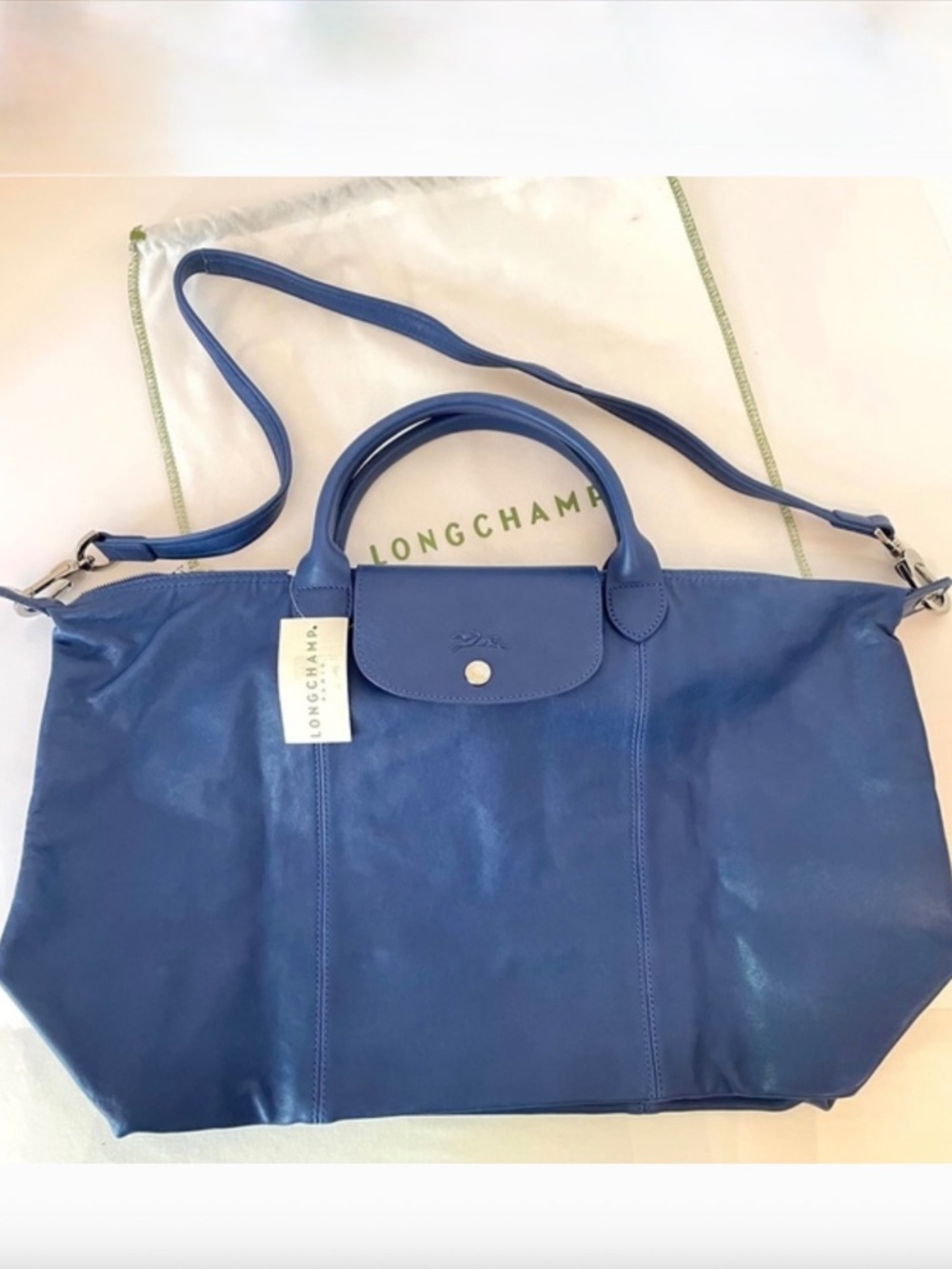 Longchamp Le Pliage Cuir LARGE Blue Travel Bag Lambskin Leather